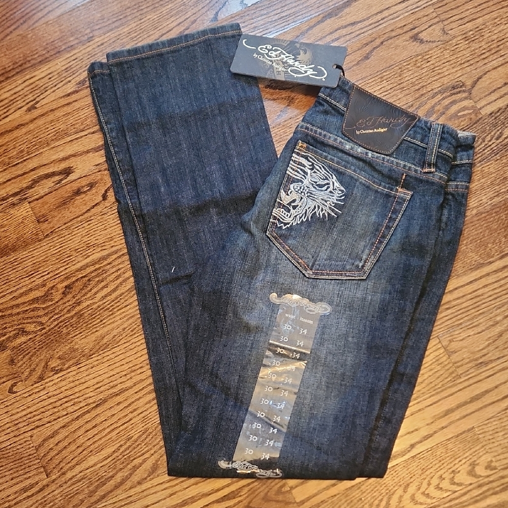 Ed Hardy By Christian Audigier Dark Blue Jeans With Embroidered Tiger